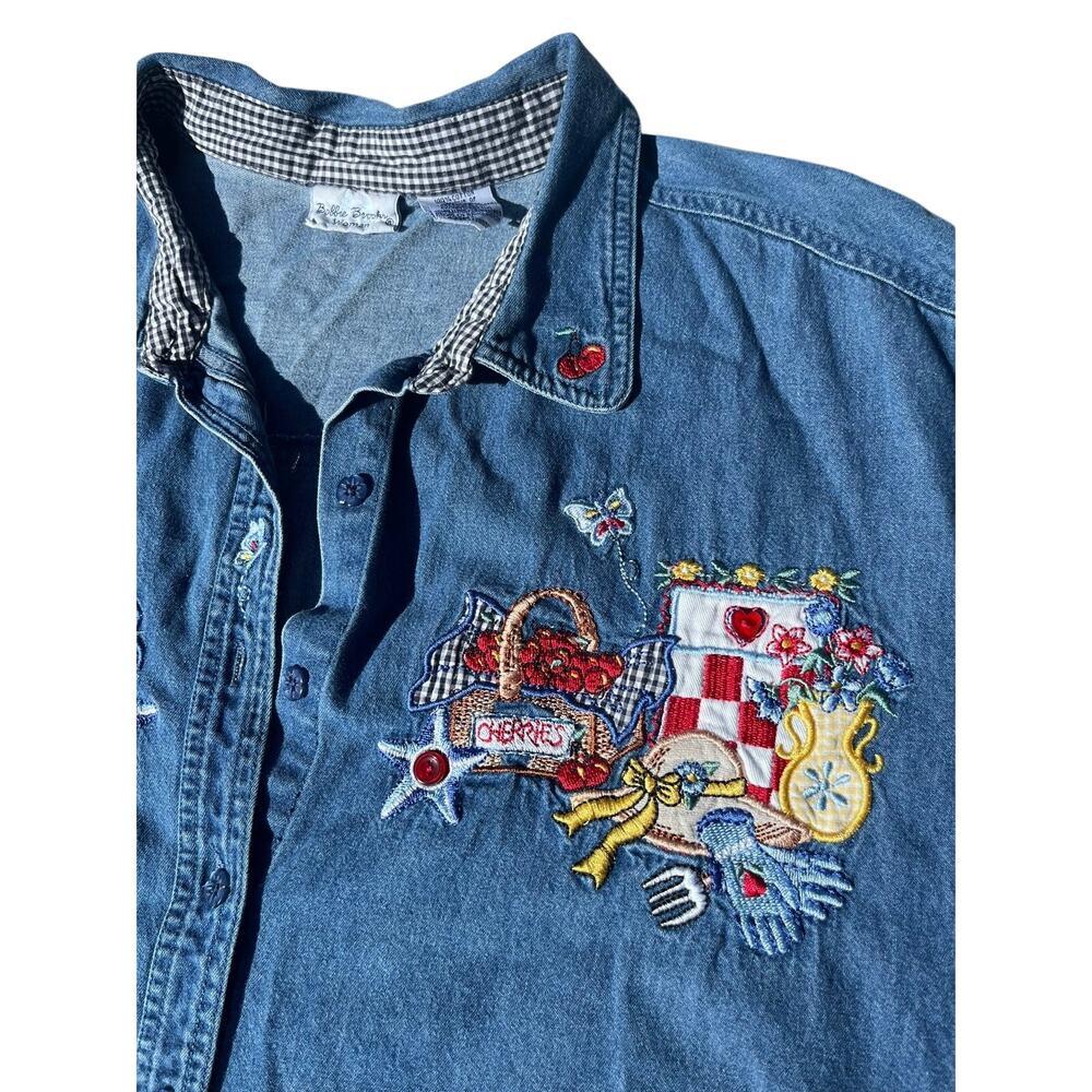 Vintage 90s Fruit Embroidered Denim Shirt Picnic Garden Cottage Plus Size 4X